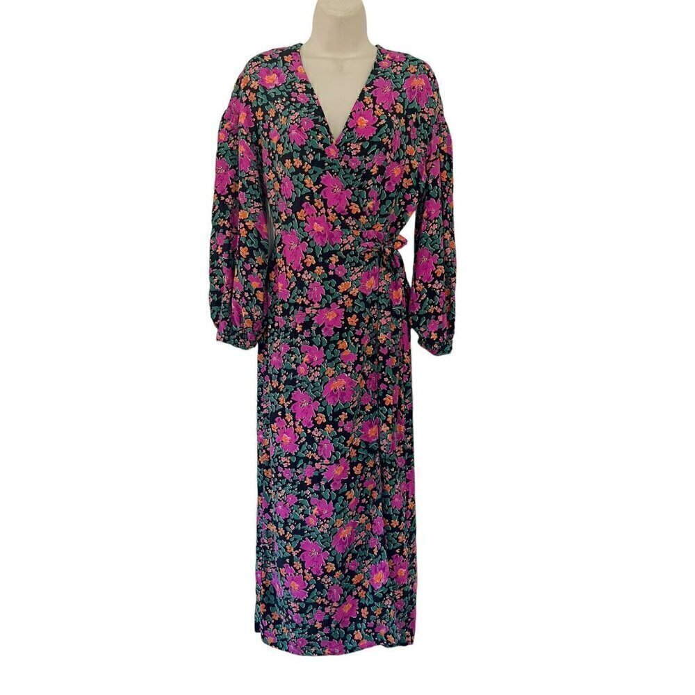 TopShop Women's Sz 2 Floral Print Wrap Dress in Pink & Green Cottagecore Midi - Picture 2 of 9